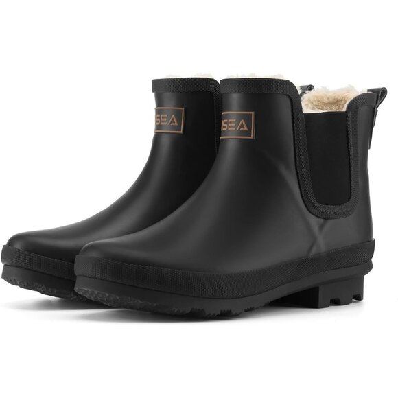 ⚡Women's Black Pull On Plush Rain Ankle Snow Boots Waterproof Chelsea Rubber - Picture 1 of 7